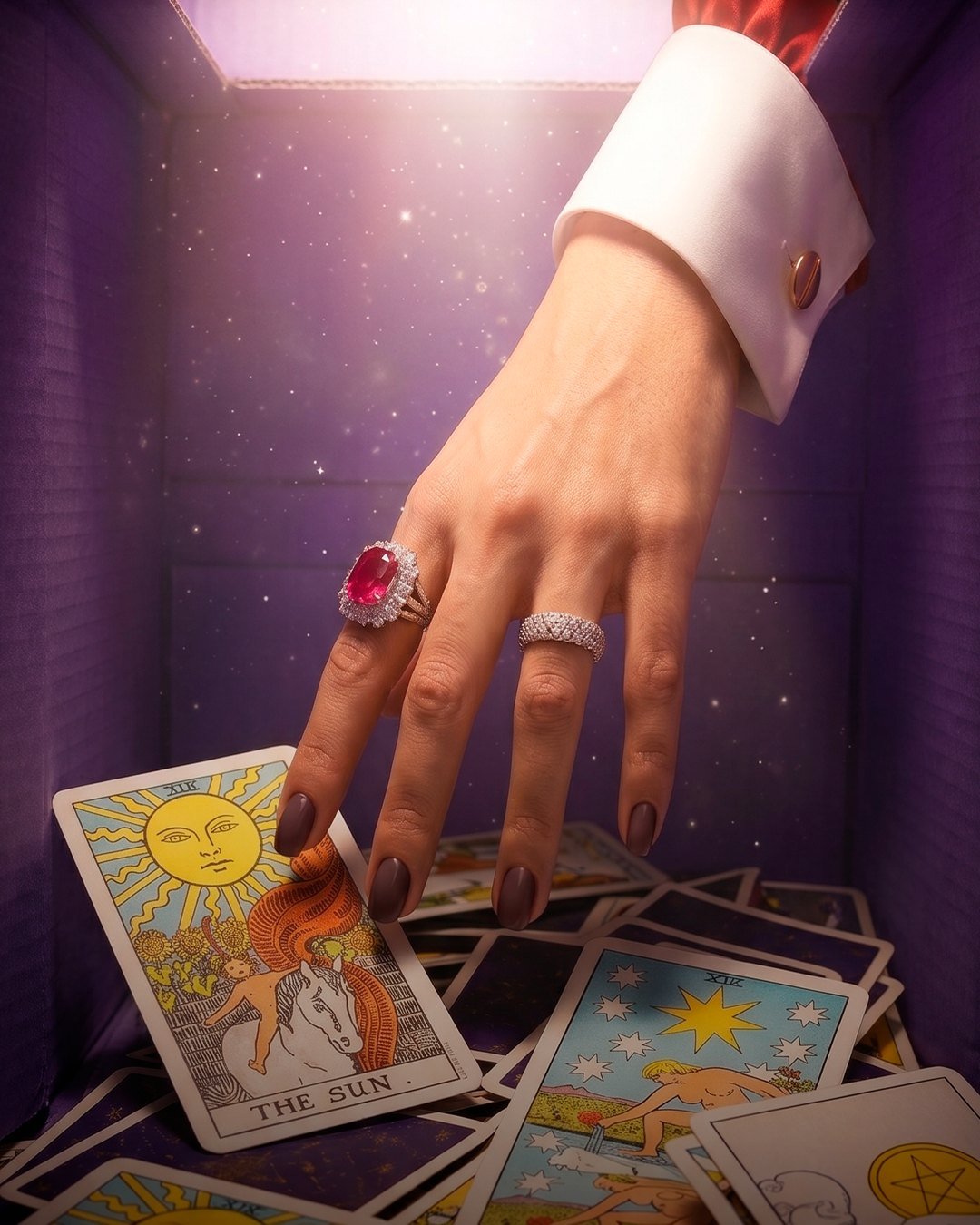Cartas de tarot y símbolos astrológicos sobre la mesa de consulta