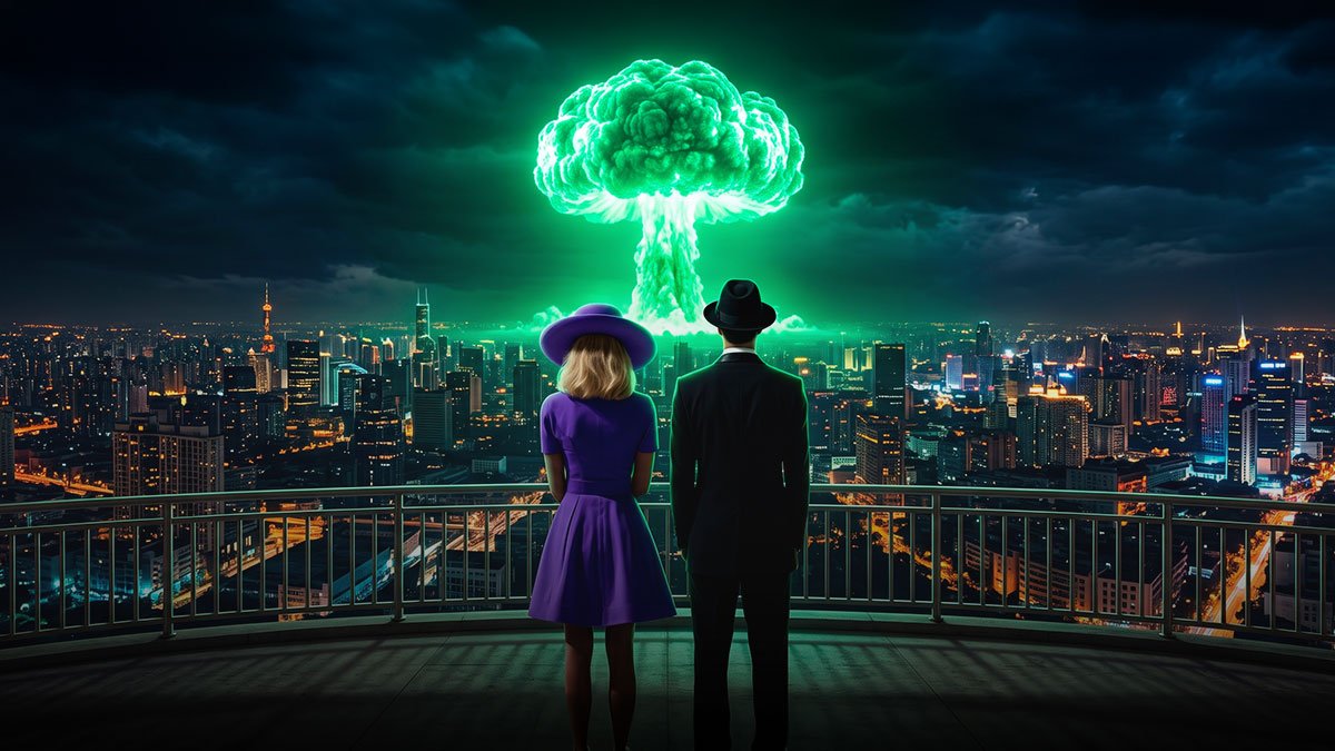 Una mujer de vestido violeta y un hombre de traje, de espaldas en un balcón, miran un hongo nuclear verde sobre la ciudad de noche
