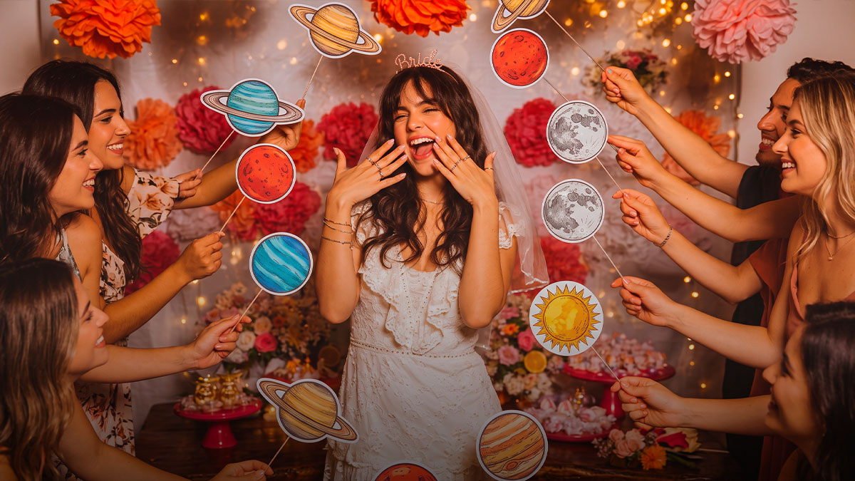 Una novia con velo y vincha se ríe rodeada de amigas que sostienen planetas de papel en varillas, en un living decorado con pompones y luces