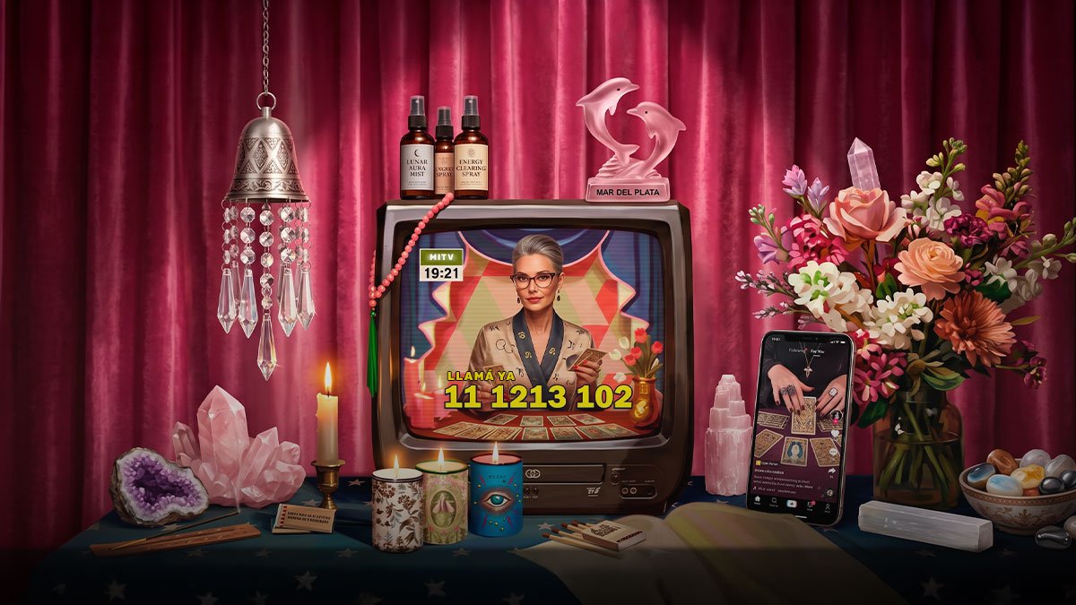 Una vidente de televisión en un televisor antiguo con un número para llamar ya, rodeada de cristales, velas, sahumerios y un delfín de Mar del Plata, sobre cortinas de terciopelo rosa