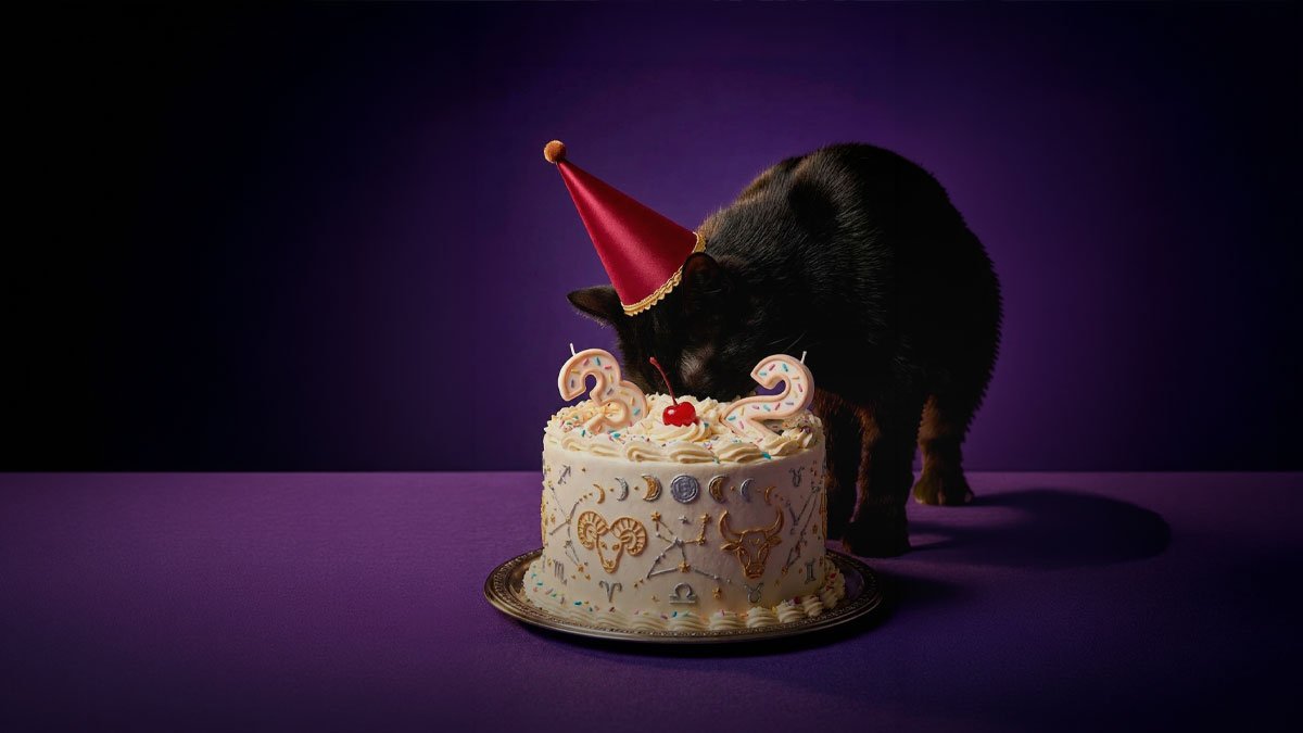 Un gato negro con gorrito de cumpleaños asomado sobre una torta blanca decorada con símbolos del zodíaco en dorado y dos velas de números, sobre fondo violeta