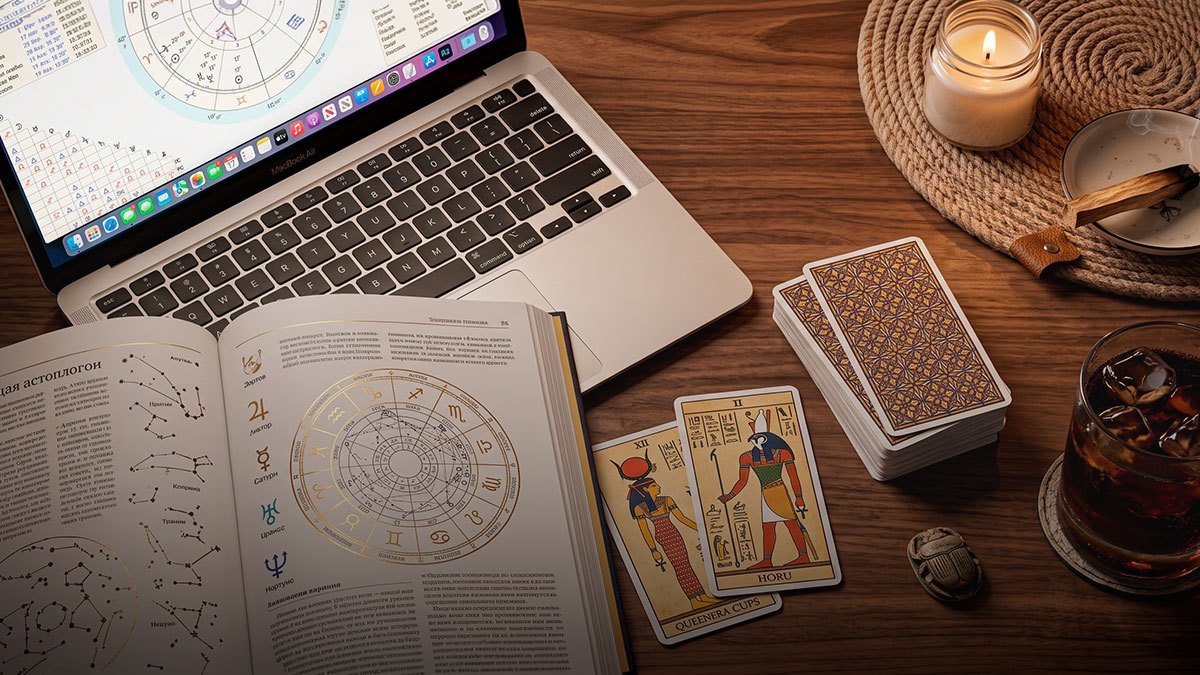 El escritorio de trabajo: la carta natal en la pantalla, el libro de astrología abierto y las cartas al costado