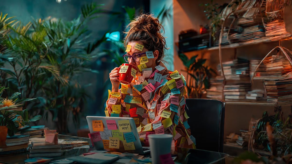Una mujer toma café frente a su computadora, cubierta de papelitos de recordatorio en la ropa y en la cara, en un escritorio desbordado de notas y pilas de papeles