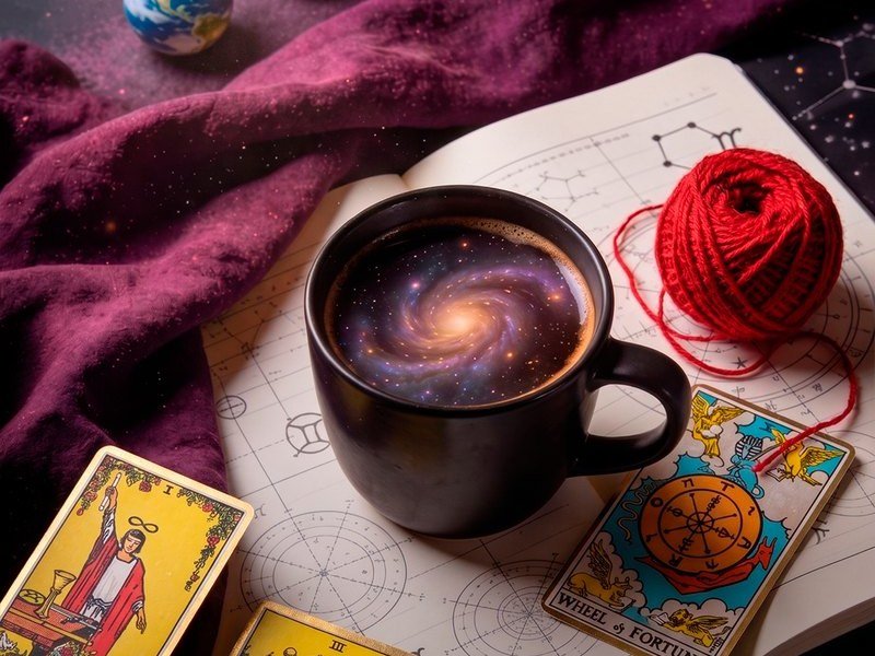 Una taza con una galaxia adentro sobre el cuaderno de la consulta, entre cartas y un ovillo rojo